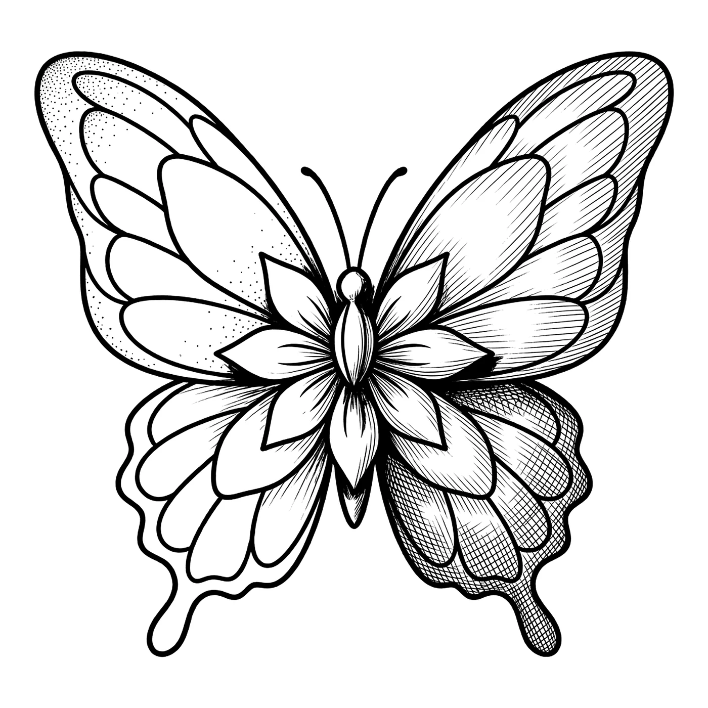 A butterfly engraving plate, partly finished: the lower wings are shaded in fine hatching and stippling, while the upper wings remain bare line art waiting to be completed.