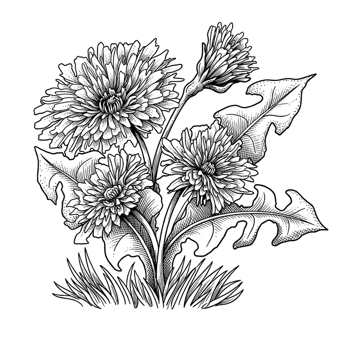 A dandelion engraving gone to seed, its soft crowns rendered in dense stippling above hatched, curving leaves.