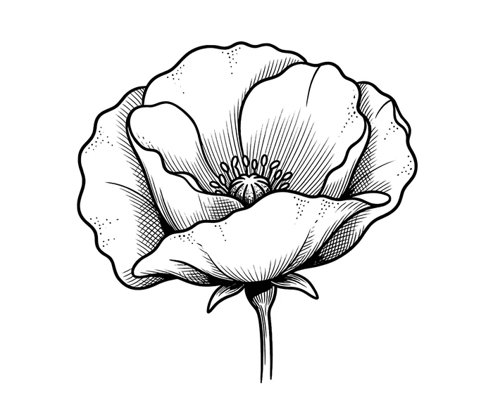 A poppy bloom engraving, its petals begun in soft stipple and the dark center seed-head marked in solid black.